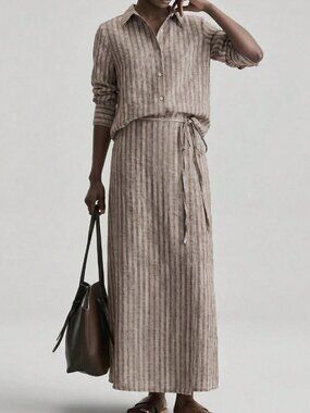 Coffee Brown Casual Women's Sleeve Shirt & Asymmetric Wrap Skirt 2-Piece Set